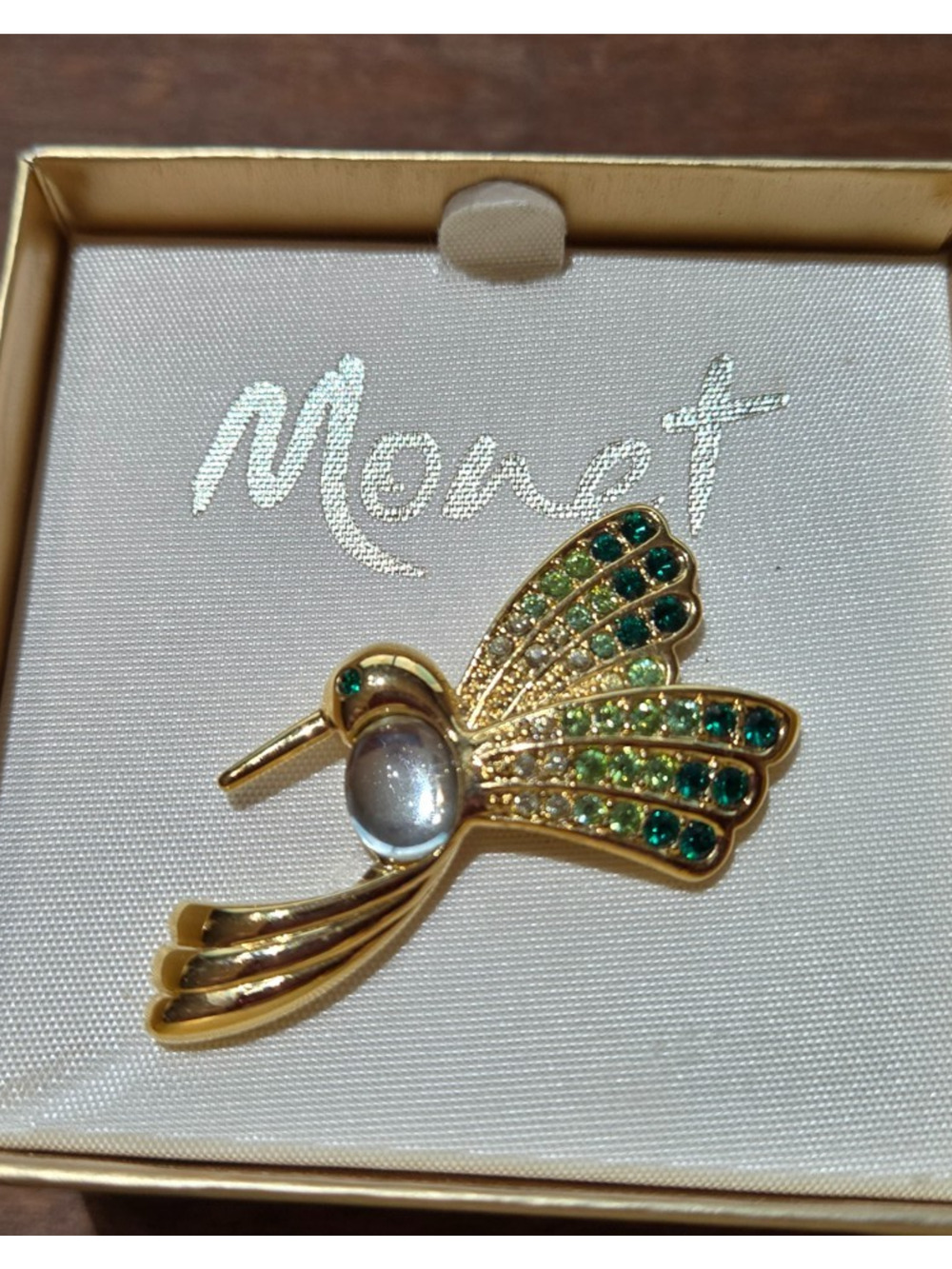 VTG Monet Jelly Belly Gold Hummingbird Green & Clear Rhinestone Brooch NIB